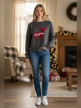 Royce‎ Brand Christmas Reindeer Sweater Large Gray Red Holiday Pullover